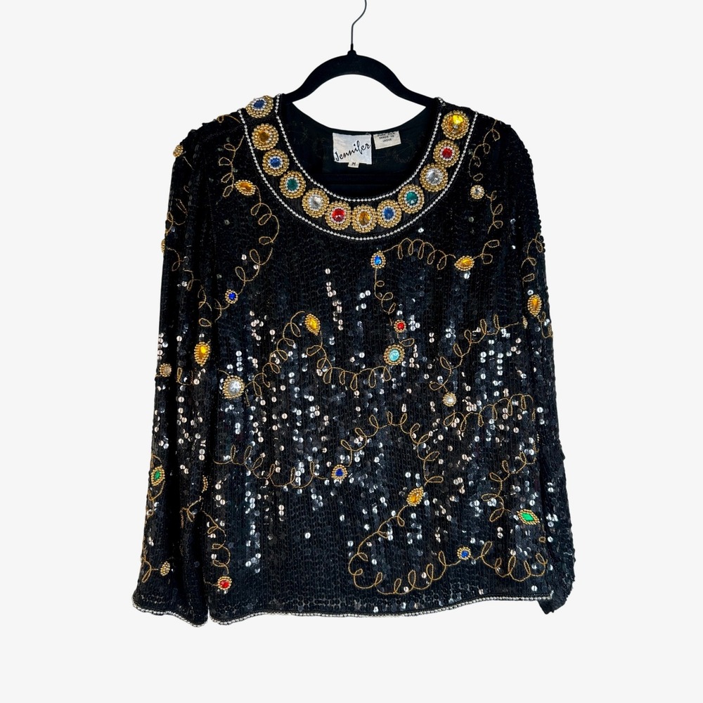 Jennifer Women's Black Beaded Sequin Jewel Embellished Silk‎ Blouse Size Medium
